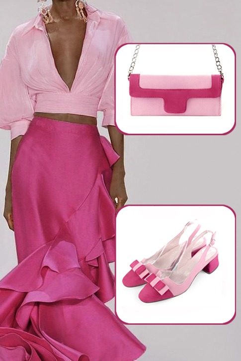 Women's fuchsia pink and carnation pink elegant slingback heels, with a bow on the front. Round toe. Low flare heels - Worn view